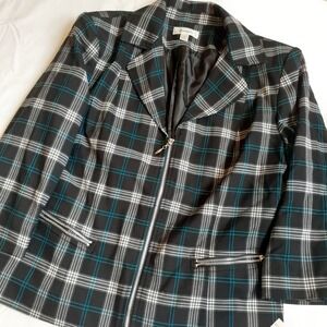 Dressbarn Women's Medium Plaid Blazer Jacket Black Blue Zip 3/4 Sleeve‎